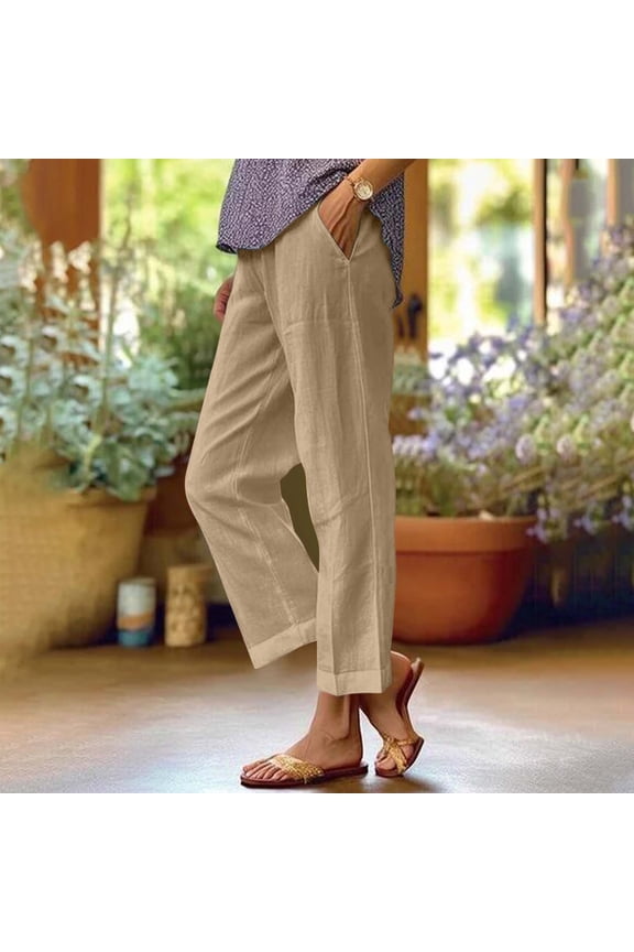 Womens Linen Pants Ankle Length Straight Leg Cropped Pants Elastic Waist for Summer Beach Vacation with Pockets Khaki L