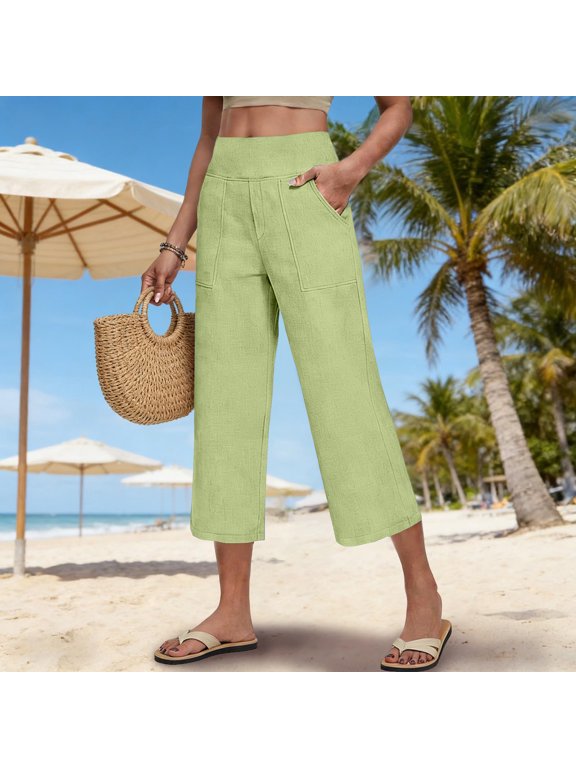 Womens Linen Pants Petite 2026 Summer Lightweight High Waist Straight Leg Solid Beach Lounge Capri Pants Mint Green L