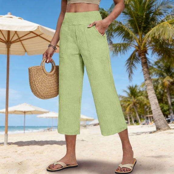 Dwellite Womens Linen Pants Petite 2026 Summer Lightweight High Waist Straight Leg Solid Beach Lounge Capri Pants Mint Green XL