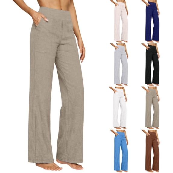 Dwellite Womens Linen Pants Petite 2026 Summer Lightweight High Waist Straight Leg Solid Beach Lounge Trousers White L