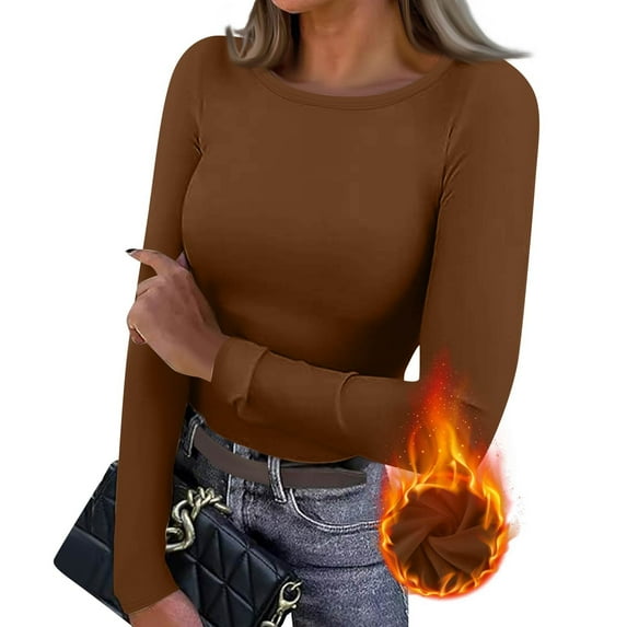 Dwellite Womens Long Sleeve Crop Tops Basic Slim Fitted Shirts Fashion 2025 Going Out Y2k Tops Crew Neck Teen Girl Clothes Brown M