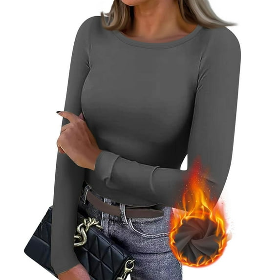 Dwellite Womens Long Sleeve Crop Tops Basic Slim Fitted Shirts Fashion 2025 Going Out Y2k Tops Crew Neck Teen Girl Clothes Light Gray 3XL