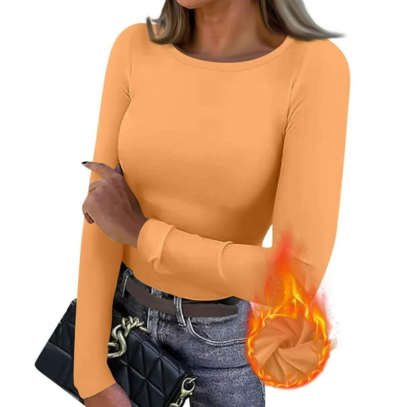 Dwellite Womens Long Sleeve Crop Tops Basic Slim Fitted Shirts Fashion 2025 Going Out Y2k Tops Crew Neck Teen Girl Clothes Orange 2XL