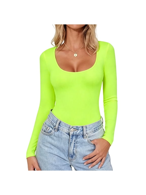 Womens Long Sleeve Shirts Basic Comfy Soft Square Neck Tops Lightweight Slim Fit Tshirt for Going Out Fall Winter 2026 Fluorescent Green S
