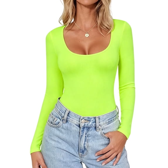Dwellite Womens Long Sleeve Shirts Basic Comfy Soft Square Neck Tops Lightweight Slim Fit Tshirt for Going Out Fall Winter 2026 Fluorescent Green S