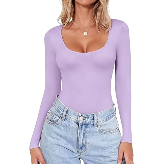 Dwellite Womens Long Sleeve Shirts Basic Comfy Soft Square Neck Tops Lightweight Slim Fit Tshirt for Going Out Fall Winter 2026 Light Purple XL