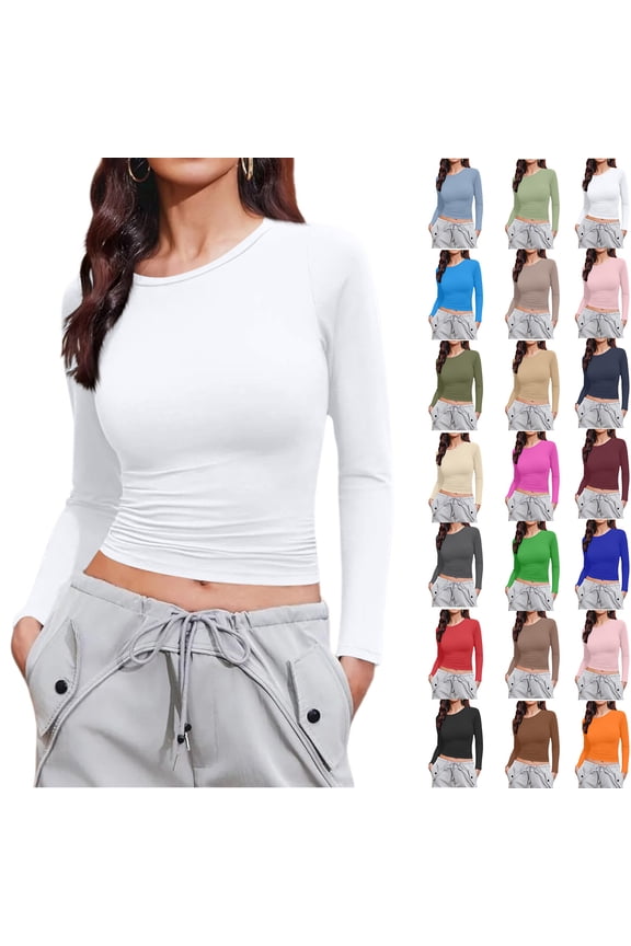 Womens Long Sleeve Shirts Basic Going Out Casual Crew Neck Crop Tops Fall Fashion Y2K Clothes 2026 Camel XS