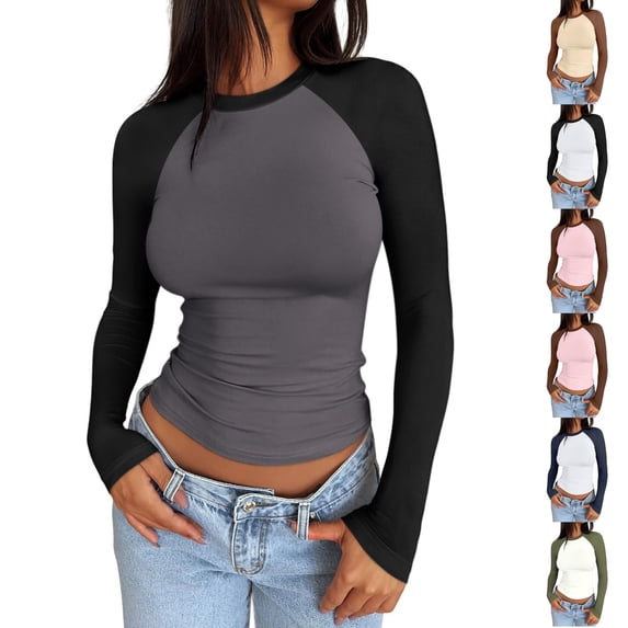 Dwellite Womens Long Sleeve Shirts Slim Fit Stretchy Color Block Shirts for Workout Gym Athletic Gray -AD30 2XL