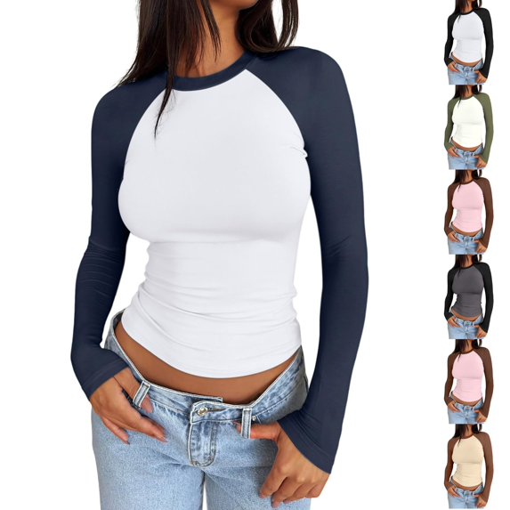 Dwellite Womens Long Sleeve Shirts Slim Fit Stretchy Color Block Shirts for Workout Gym Athletic Navy -AD30 2XL