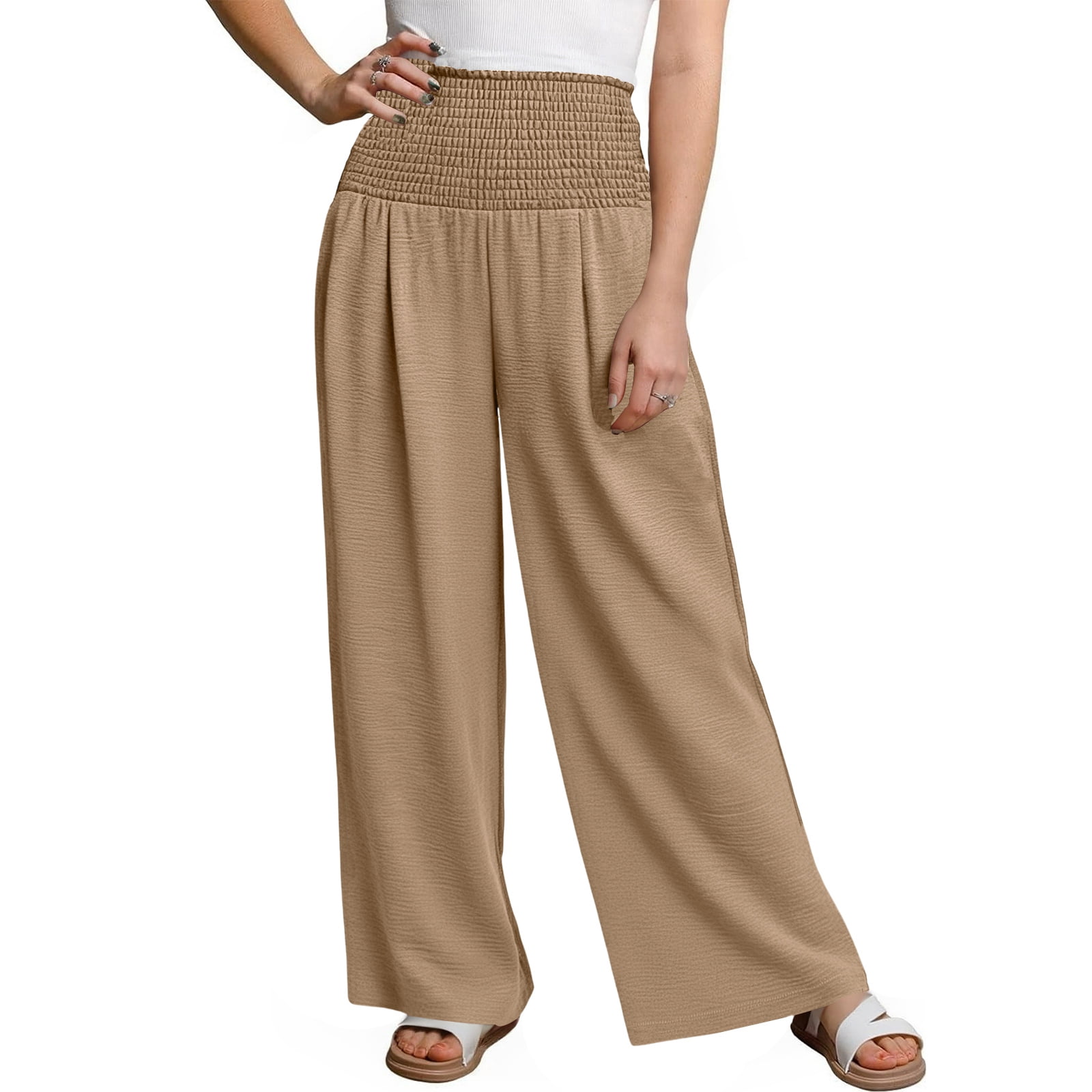 Dwellite Womens Pants Wide Leg High Waisted Palazzo Pants Summer Beach ...