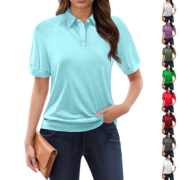 Dwellite Womens Plus Size Polo Shirt Golf Shirts Button V Neck Collared Short Sleeve Business Casual Tops Cyan XL