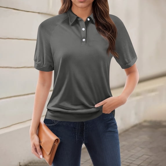 Dwellite Womens Plus Size Polo Shirts Golf Shirts Button V Neck Collared Short Sleeve Business Casual Tops Dark Gray XL