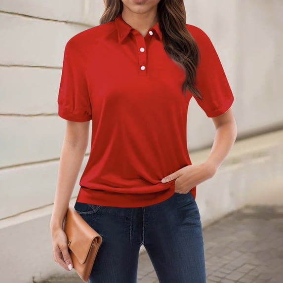 Dwellite Womens Plus Size Polo Shirts Golf Shirts Button V Neck Collared Short Sleeve Business Casual Tops Red XL
