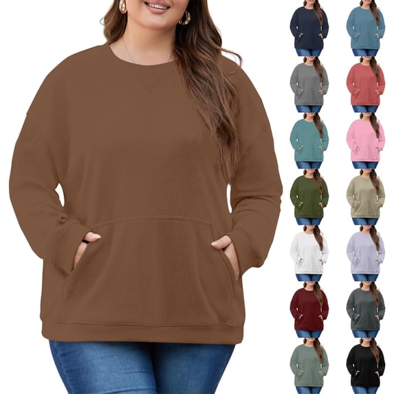 Dwellite Womens Plus Size Sweatshirts Crew Neck Long Sleeve Oversized Hoodies Fall Pullover Tops with Pockets 2025 Fashion Brown L