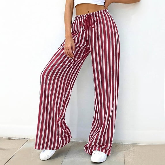 Dwellite Womens Plus Size Wide Leg Pants Elastic High Waist Striped Casual Palazzo Pants Lounge Trouser with Pockets Red XL