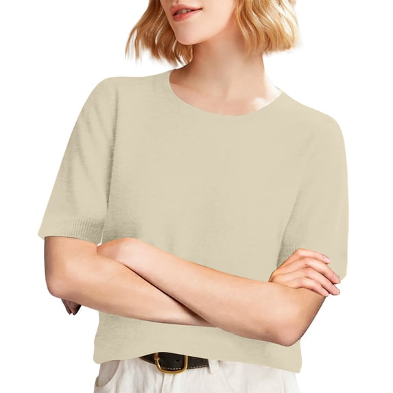 Dwellite Womens Short Sleeve Sweaters Cropped Crew Neck Business Casual Lightweight Sweater Tops 2026 Spring Summer Knit Tops Pullover Beige S