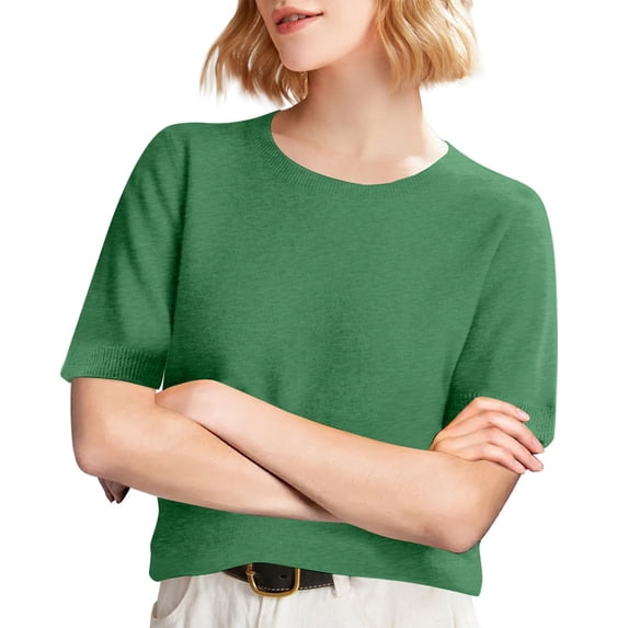 Dwellite Womens Short Sleeve Sweaters Cropped Crew Neck Business Casual Lightweight Sweater Tops 2026 Spring Summer Knit Tops Pullover Dark Green L