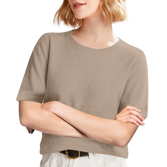 Dwellite Womens Short Sleeve Sweaters Cropped Crew Neck Business Casual Lightweight Sweater Tops 2026 Spring Summer Knit Tops Pullover Khaki 2XL