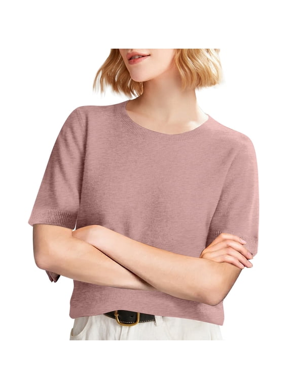 Womens Short Sleeve Sweaters Cropped Crew Neck Business Casual Lightweight Sweater Tops 2026 Spring Summer Knit Tops Pullover Light pink L