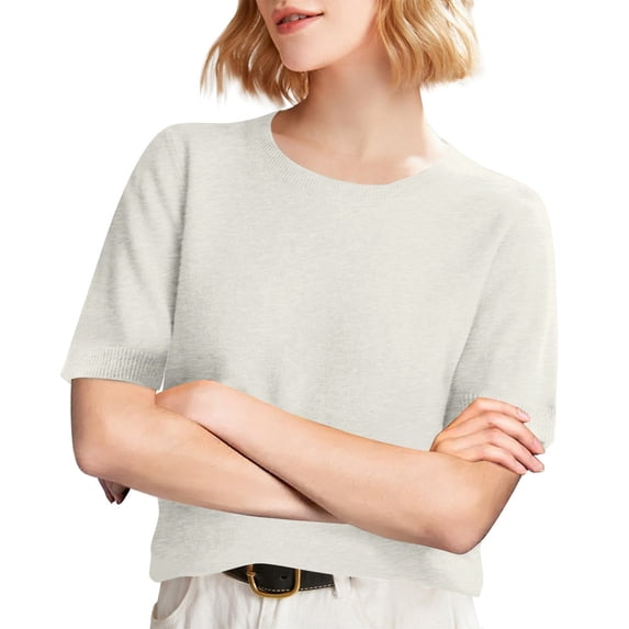 Dwellite Womens Short Sleeve Sweaters Cropped Crew Neck Business Casual Lightweight Sweater Tops 2026 Spring Summer Knit Tops Pullover White XL
