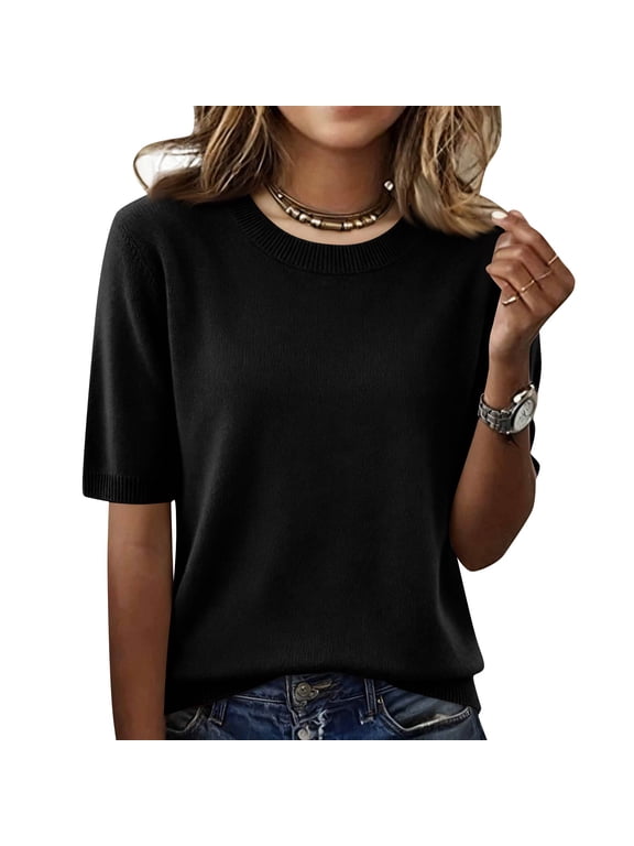 Womens Short Sleeve Sweaters Knitted Crewneck Sweater Shirts Business Casual Work Tops 2026 Summer Clothes Black S