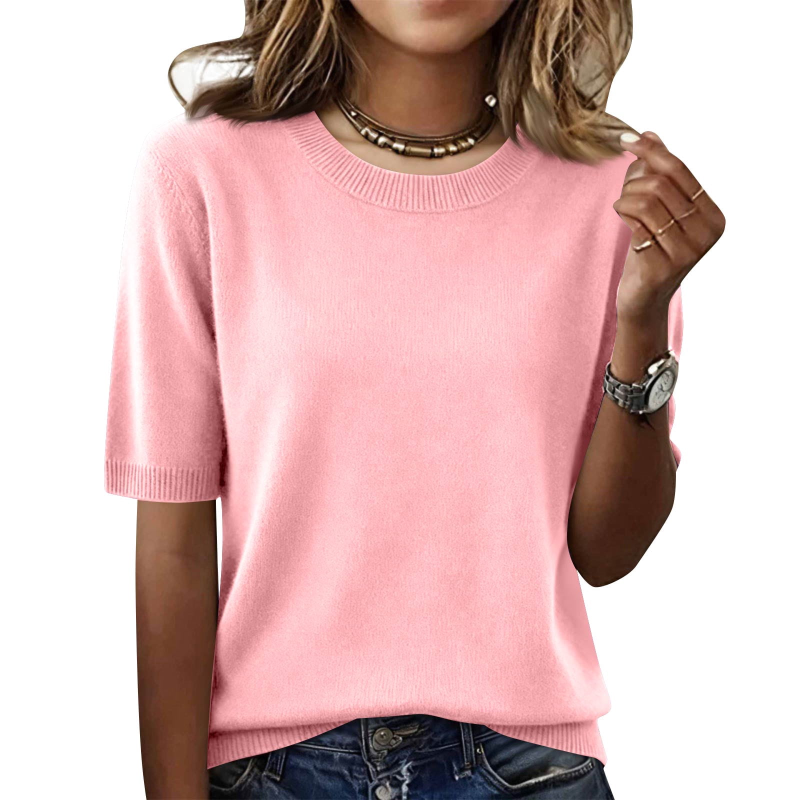 Dwellite Womens Short Sleeve Sweaters Knitted Crewneck Sweater Shirts ...
