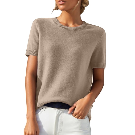 Dwellite Womens Short Sleeve Sweaters Wool Crew Neck Sweater Shirts Business Casual Work Tops 2026 Summer Spring Knit Tops Khaki 2XL