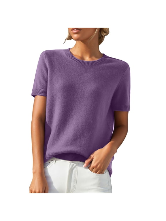 Womens Short Sleeve Sweaters Wool Crew Neck Sweater Shirts Business Casual Work Tops 2026 Summer Spring Knit Tops Purple L