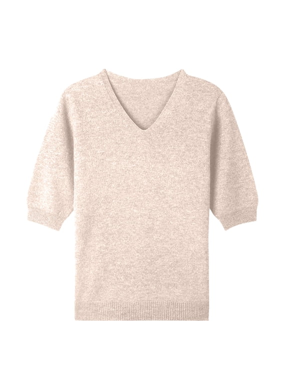 Womens Short Sleeve Sweaters Wool V Neck Sweater Shirts Business Casual Work Tops 2026 Summer Fall Knit Tops Pullover Beige M