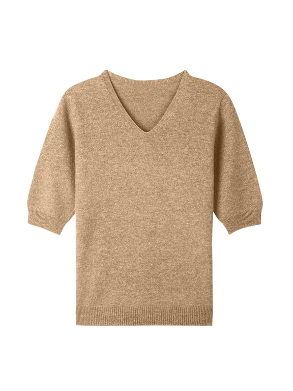Womens Short Sleeve Sweaters Wool V Neck Sweater Shirts Business Casual Work Tops 2026 Summer Fall Knit Tops Pullover Camel L