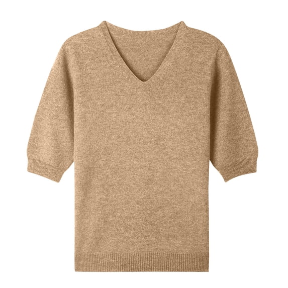 Dwellite Womens Short Sleeve Sweaters Wool V Neck Sweater Shirts Business Casual Work Tops 2026 Summer Fall Knit Tops Pullover Camel S