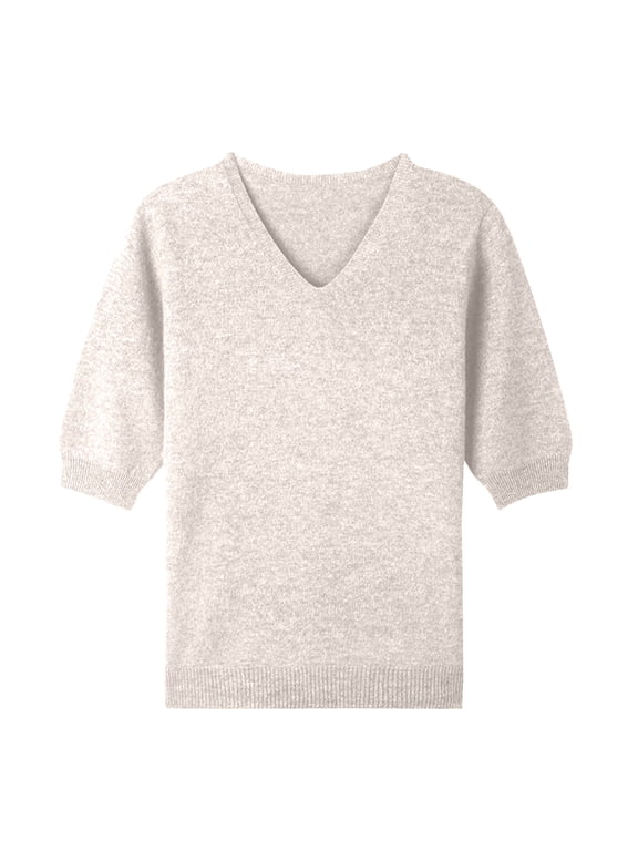 Womens Short Sleeve Sweaters Wool V Neck Sweater Shirts Business Casual Work Tops 2026 Summer Fall Knit Tops Pullover White XL
