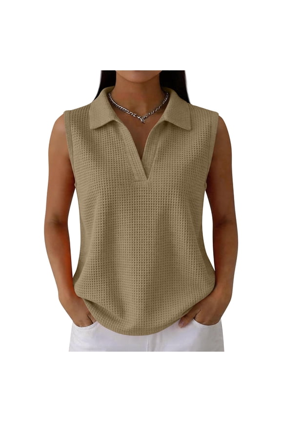 Womens Sleeveless Golf Waffle Polo Shirts Collared Tank Tops V-Neck Workout Athletic Tennis Tops Khaki S