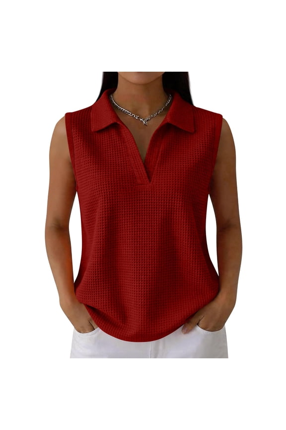 Womens Sleeveless Golf Waffle Polo Shirts Collared Tank Tops V-Neck Workout Athletic Tennis Tops Wine 3XL