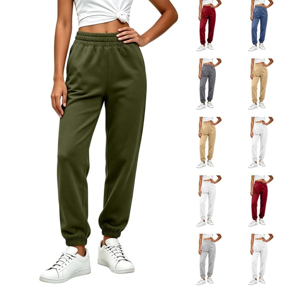 Dwellite Womens Sweatpants Petite Fleece Lounge Elastic Waisted Pants Tapered Lightweight Trousers with Pockets for Fall Winter Army Green 2XL