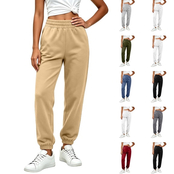 Dwellite Womens Sweatpants Petite Fleece Lounge Elastic Waisted Pants Tapered Lightweight Trousers with Pockets for Fall Winter Beige S