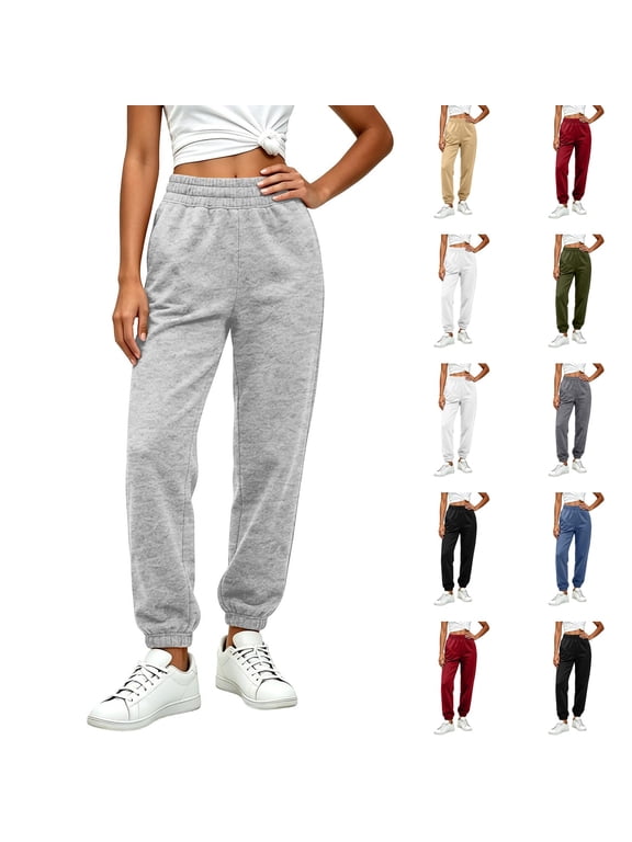 Womens Sweatpants Petite Fleece Lounge Elastic Waisted Pants Tapered Lightweight Trousers with Pockets for Fall Winter Light Gray L