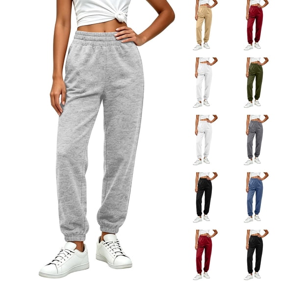 Dwellite Womens Sweatpants Petite Fleece Lounge Elastic Waisted Pants Tapered Lightweight Trousers with Pockets for Fall Winter Light Gray XL