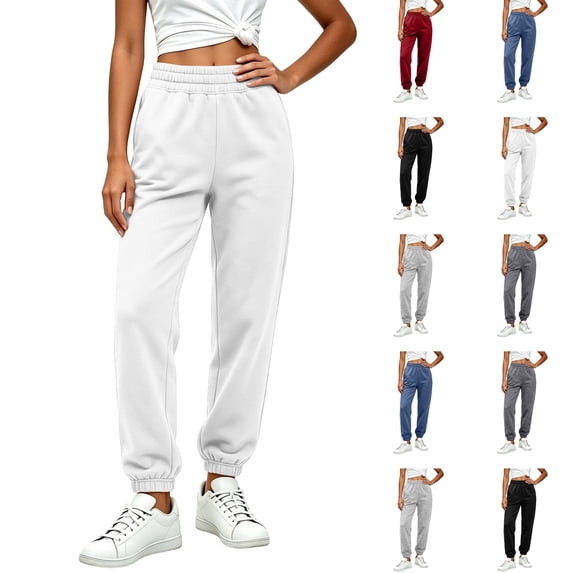 Dwellite Womens Sweatpants Petite Fleece Lounge Elastic Waisted Pants Tapered Lightweight Trousers with Pockets for Fall Winter White S