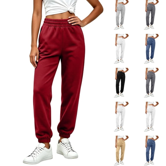 Dwellite Womens Sweatpants Petite Fleece Lounge Elastic Waisted Pants Tapered Lightweight Trousers with Pockets for Fall Winter Wine L
