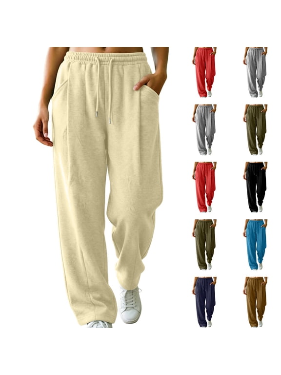 Womens Sweatpants Petite Lounge Elastic Waisted Pants Lightweight Trousers with Pockets for Fall Winter Beige M
