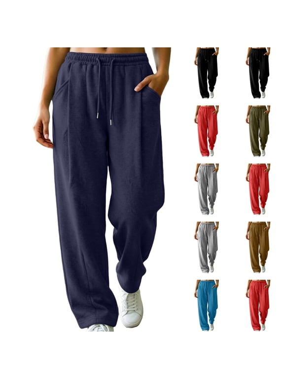 Womens Sweatpants Petite Lounge Elastic Waisted Pants Lightweight Trousers with Pockets for Fall Winter Navy M