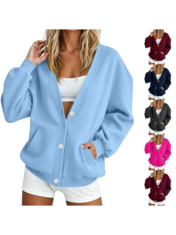 Womens Sweatshirt Lightweight Button Down Fleece Jacket V-Neck Open Front Oversized Cardigan Light Blue -AA01 M