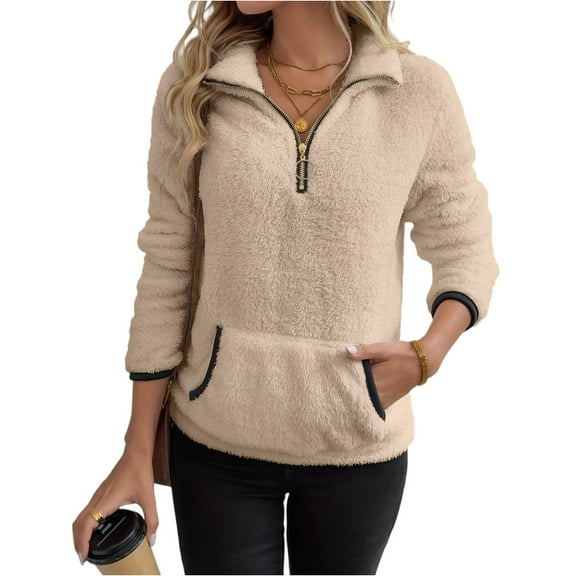 Dwellite Womens Sweatshirts Half Zip Cropped Pullover Fleece Quarter Zipper Hoodies 2025 Fall Fashion Outfits Clothes with Pocket Khaki _ID04 L