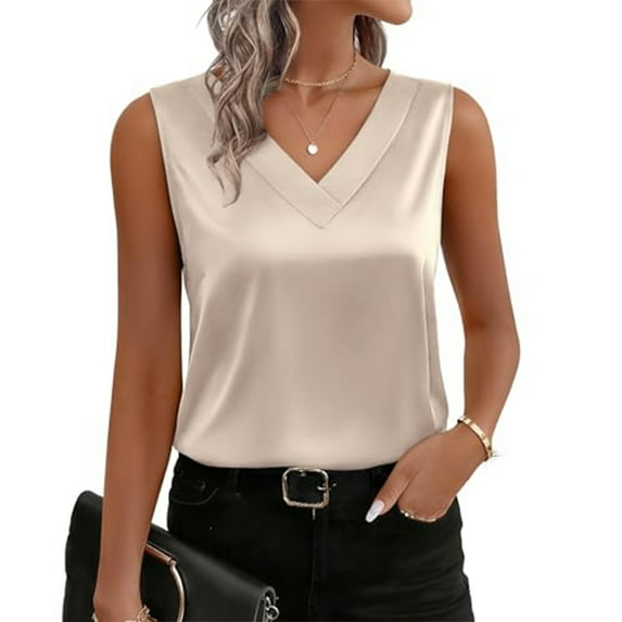 Dwellite Womens Tank Tops V Neck Silk Satin Sleeveless Blouses Dressy Casual Business Summer Basic Tank Shirt Beige S