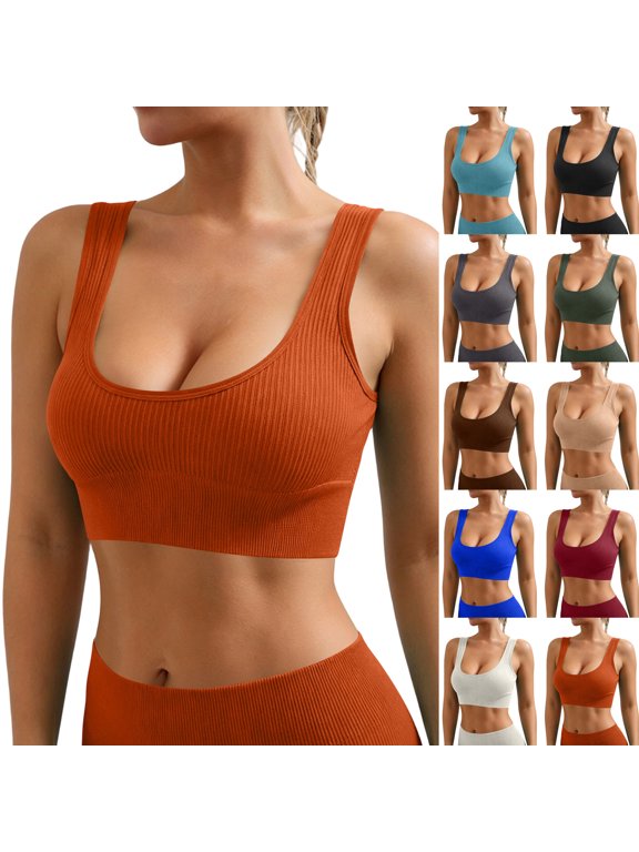 Womens U-Neck Sports Bra Padded U Back Medium Fitness Yoga Bar Workout Crop Top with Built in Bra Brown S