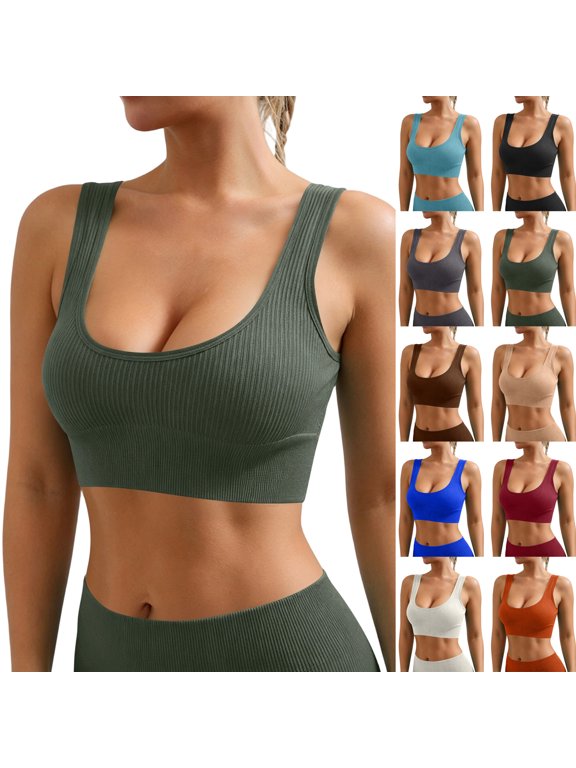 Womens U-Neck Sports Bra Padded U Back Medium Fitness Yoga Bar Workout Crop Top with Built in Bra Green L