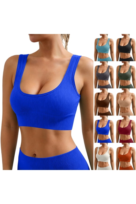 Womens U-Neck Sports Bra Padded U Back Medium Fitness Yoga Bar Workout Crop Top with Built in Bra Royal Blue XL