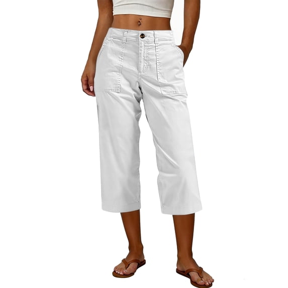 Dwellite Womens Wide Leg Cargo Pants Summer Hiking Capris Lightweight Ladies Casual Pant Travel with Pockets White L