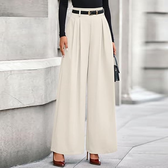 Dwellite Womens Wide Leg Trousers 2026 Elastic High Waisted Dress Pants Pleated Slacks Flowy Business Work Palazzo Pants Beige L